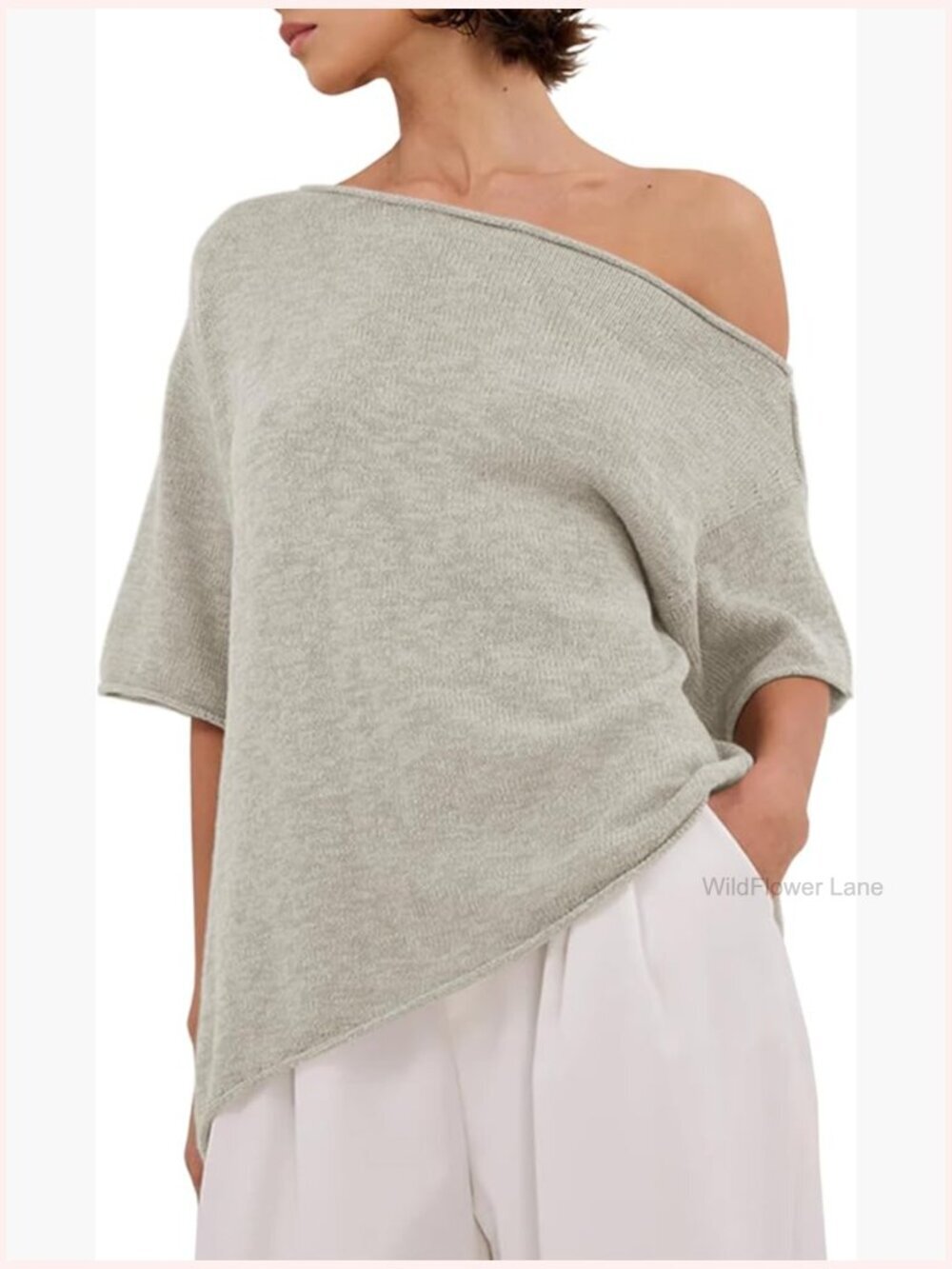 Off Shoulder Knit Top Short Sleeve Roll Hem Asymmetrical Linen T Shirt